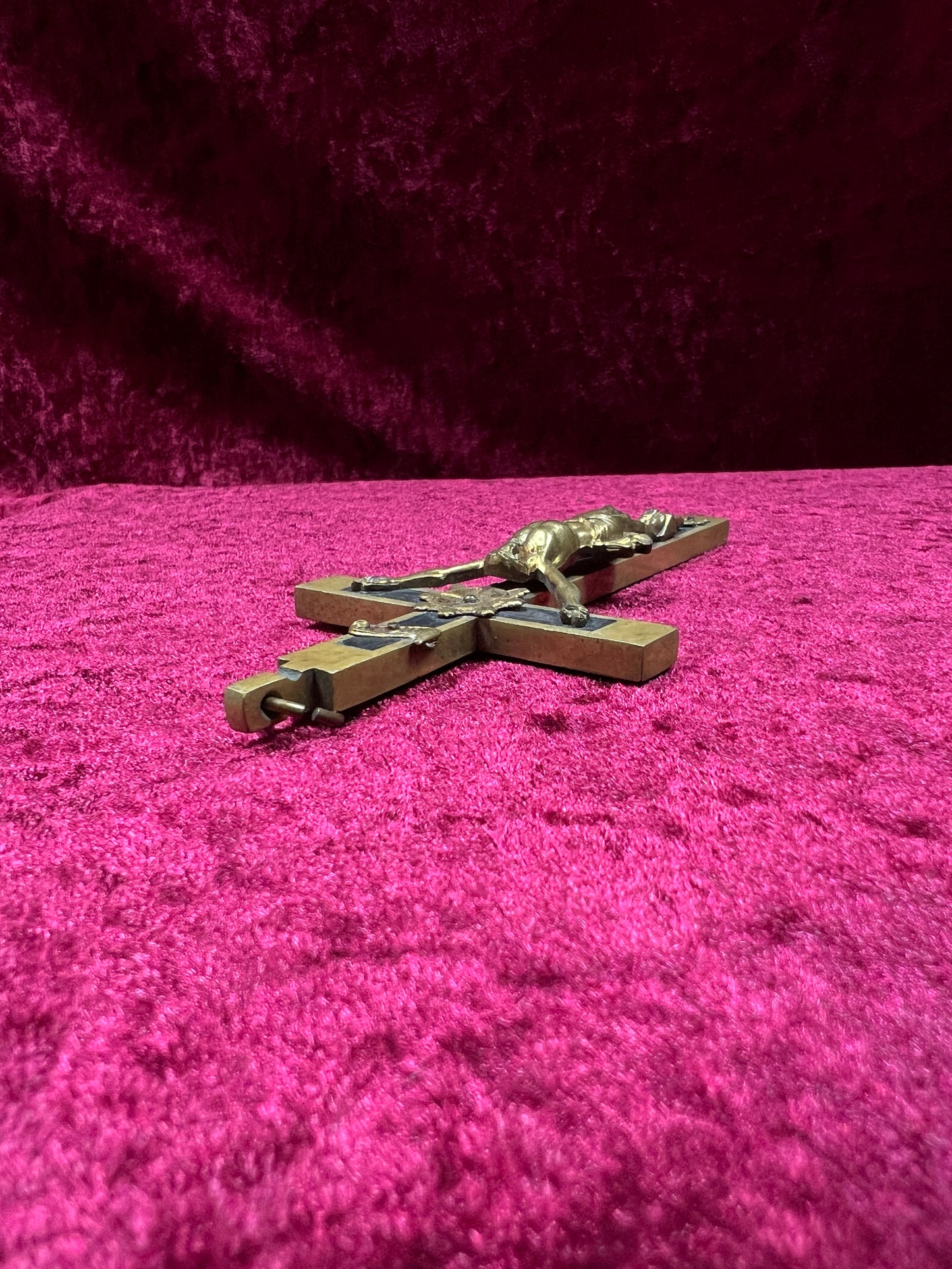 Vintage Brass Crucifix Cross - Ebony Inlay Skull and Crossbones Wall Hanging