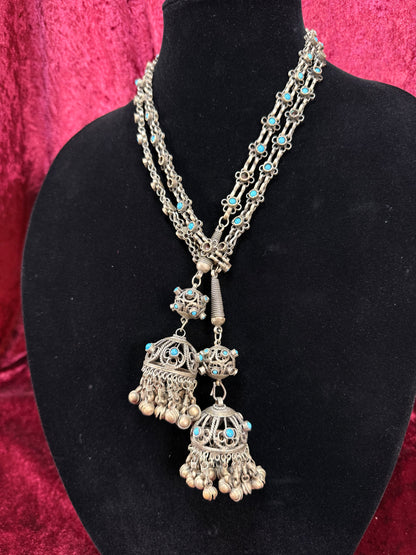 Vintage Tribal Statement Necklace – Turquoise Accent Jhumka Tassel Adornment