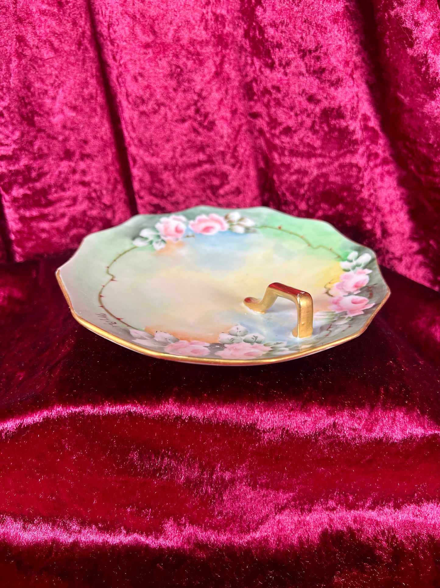 Vintage Trinket Dish - Porcelain Ring Dish / Serving Tray - Hand Painted Roses - Mary Park