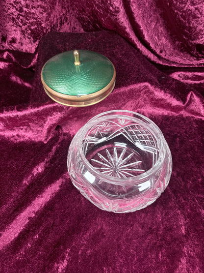 Vintage Cut Crystal Vanity Jar – Green Guilloché Style Lid Dresser Box