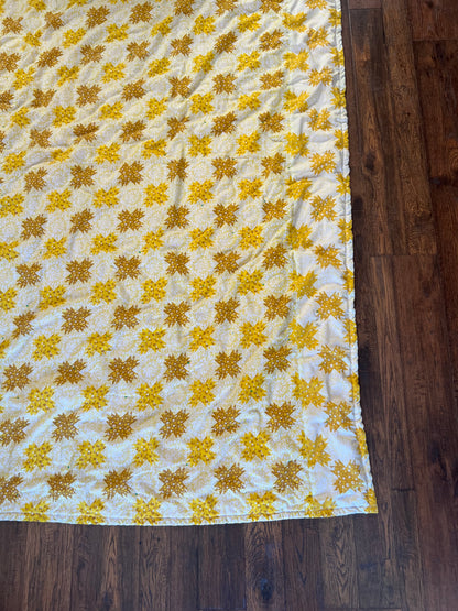 Vintage Linens - Handmade Quilt - Buttercream Yellow - Groovy Floral Patchwork - Double Sided - 81” X 67.5”