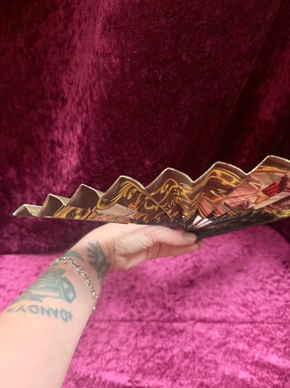 Vintage Mid Century Painted Wood Folding Fan – Double-Sided European Court Scenes