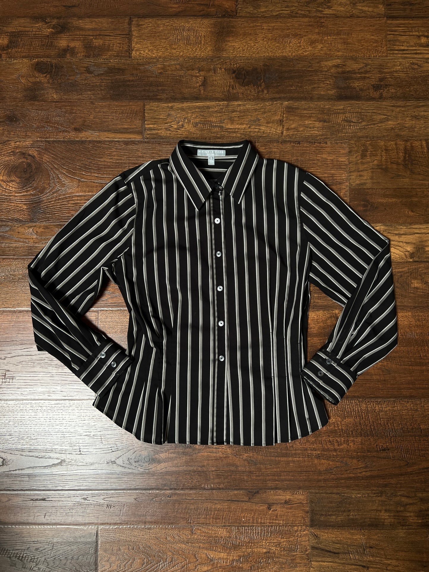 Vintage Foxcroft Fitted Blouse - Black Grey Striped Pleated Waist - Size Large