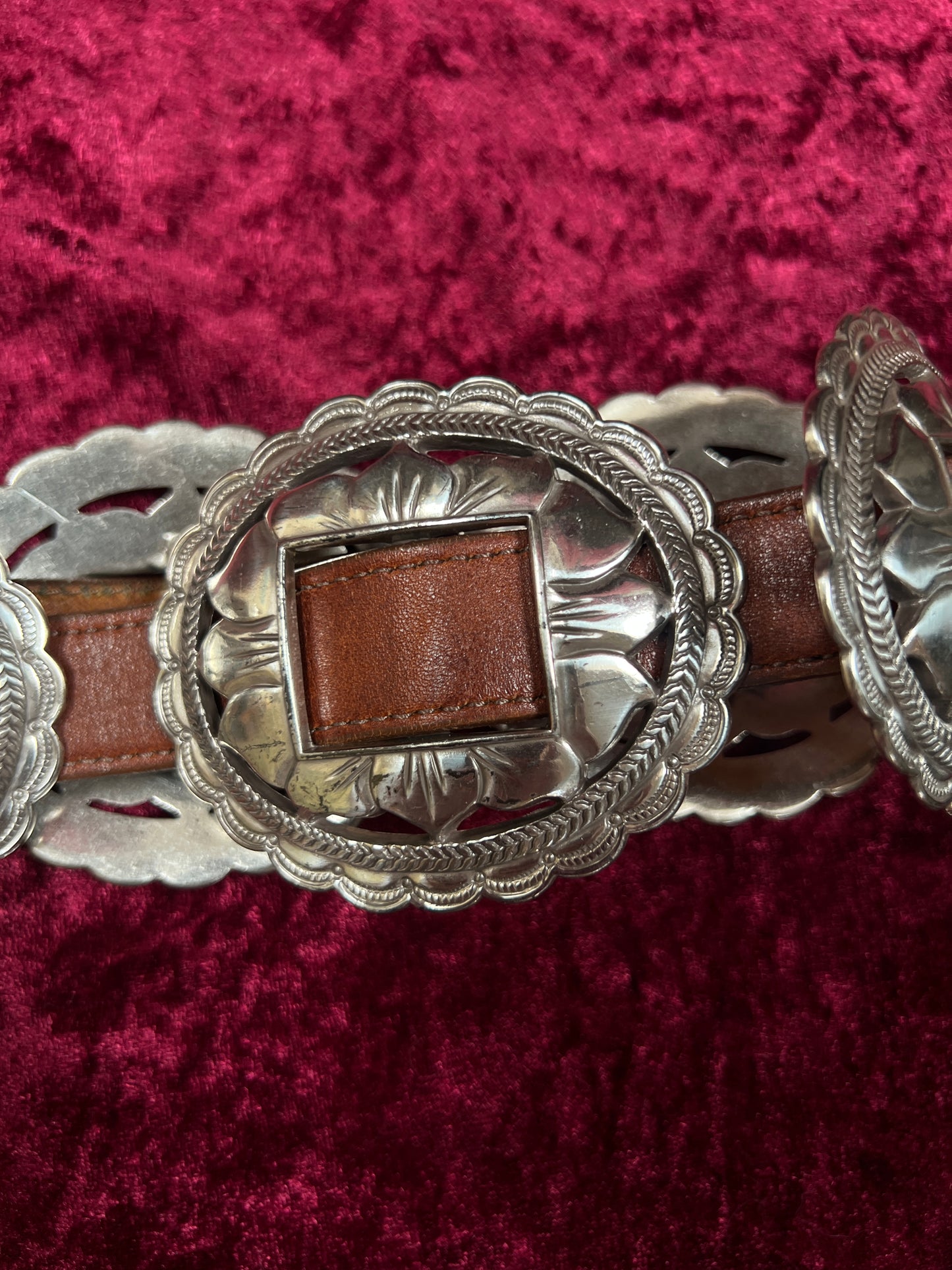 Vintage Brighton Leather Concho Belt - Silver Sunflower Western Belt USA Made - 29.5-33.5"