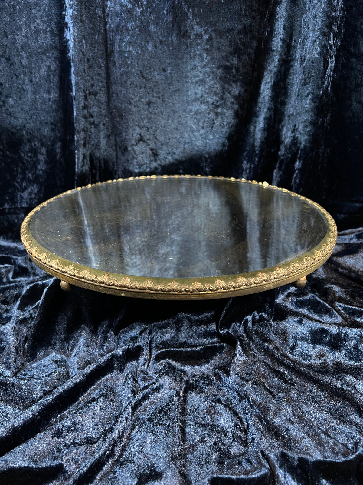 Antique Silver Plate Plateau Mirror - Ornate Beveled Glass Footed Vanity Tray