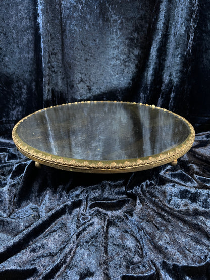 Antique Silver Plate Plateau Mirror - Ornate Beveled Glass Footed Vanity Tray