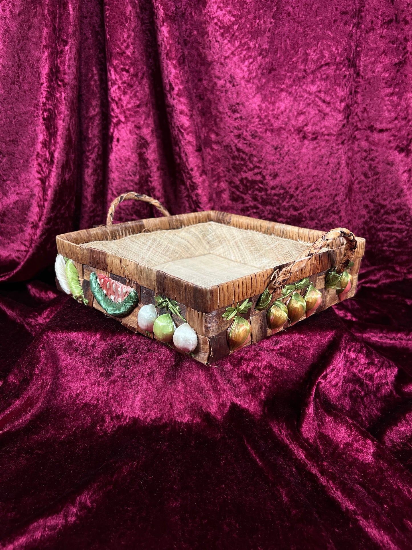 Vintage Raffia Serving Basket - Handwoven Fruit Basket Centerpiece