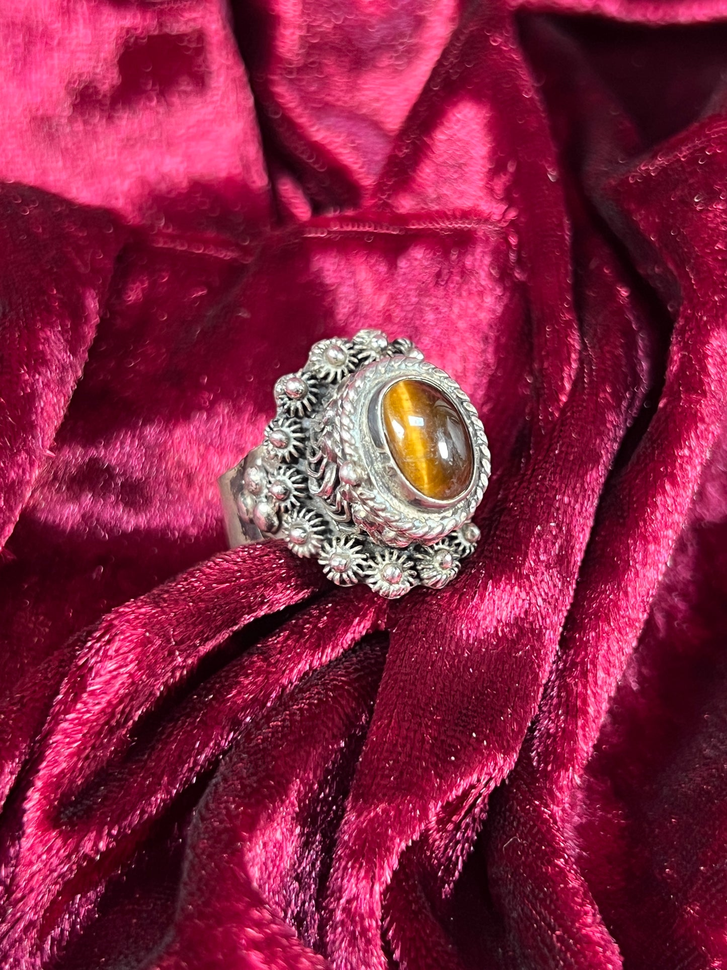 Vintage Jewelry - Adjustable Poison Ring - Sterling Silver - Tigers Eye Center Stone - Taxco