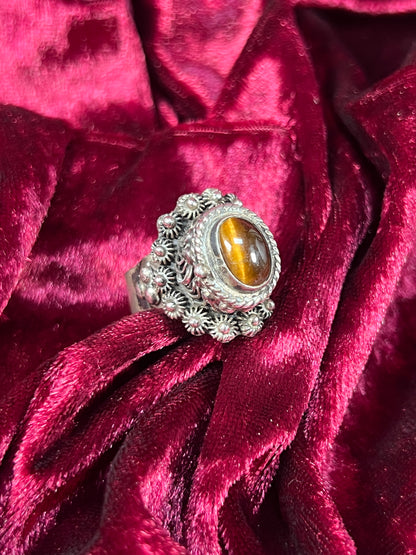 Vintage Jewelry - Adjustable Poison Ring - Sterling Silver - Tigers Eye Center Stone - Taxco
