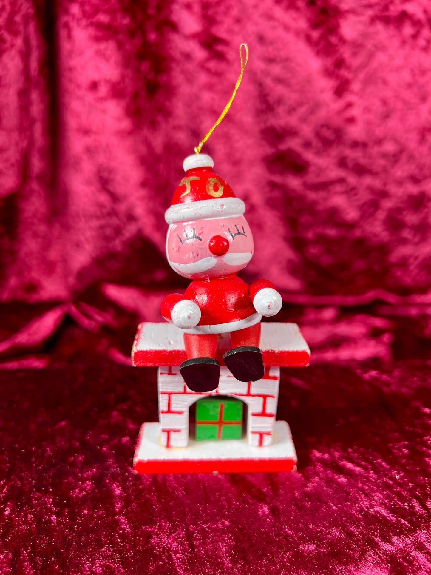 Vintage Christmas - Hand Painted Wood Ornament - Santa Claus Sitting On The Fireplace Mantle