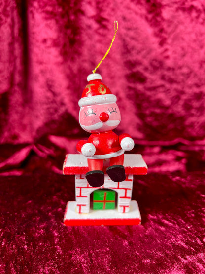 Vintage Christmas - Hand Painted Wood Ornament - Santa Claus Sitting On The Fireplace Mantle