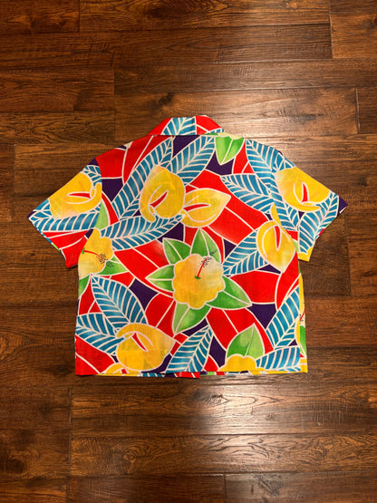 Vintage Russ Cotton Hawaiian Shirt - Tropical Floral Camp Shirt USA Made - Large