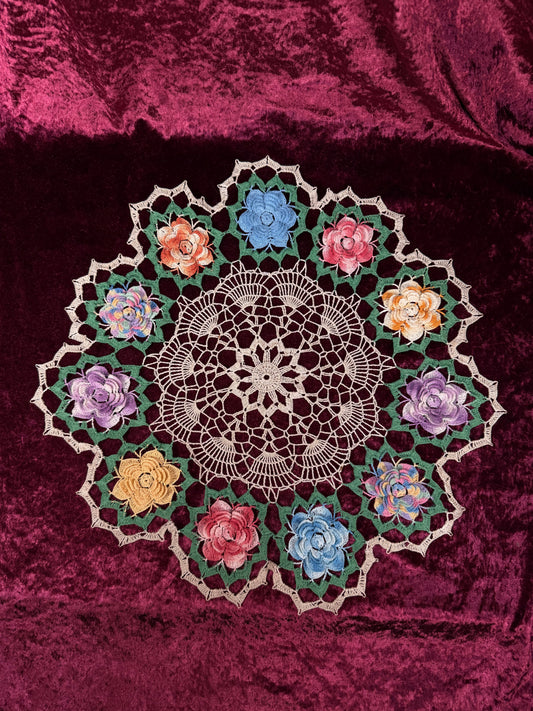 Vintage Crochet Lace Doily – Multicolor Wreath of Roses Floral Appliqué Centerpiece