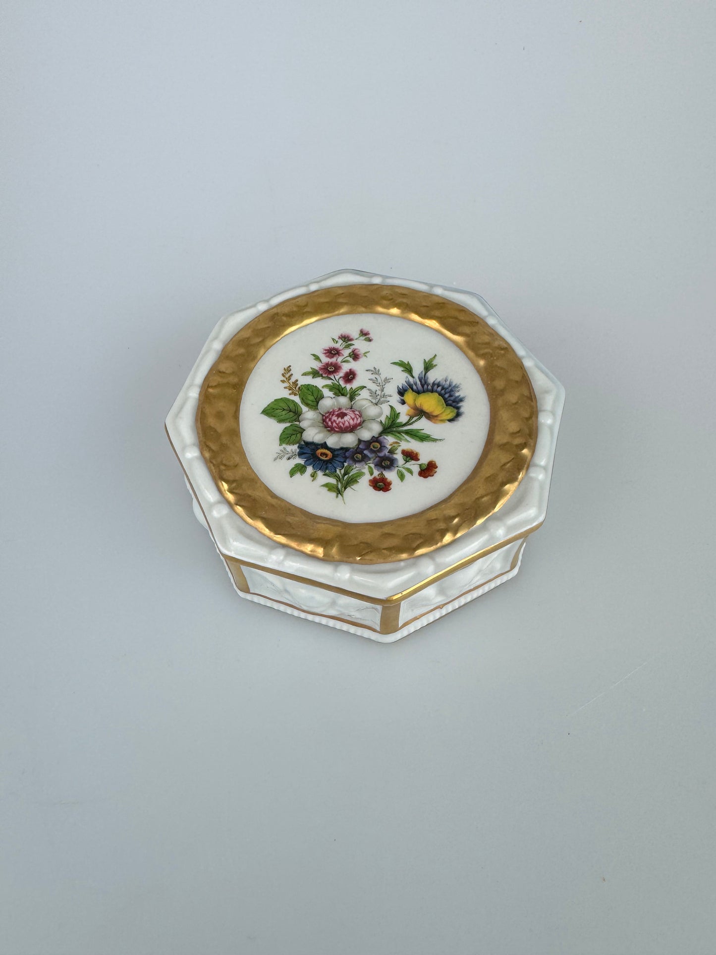 Vintage Capodimonte Italian Porcelain Octagonal Trinket Box - Floral with Cherubs