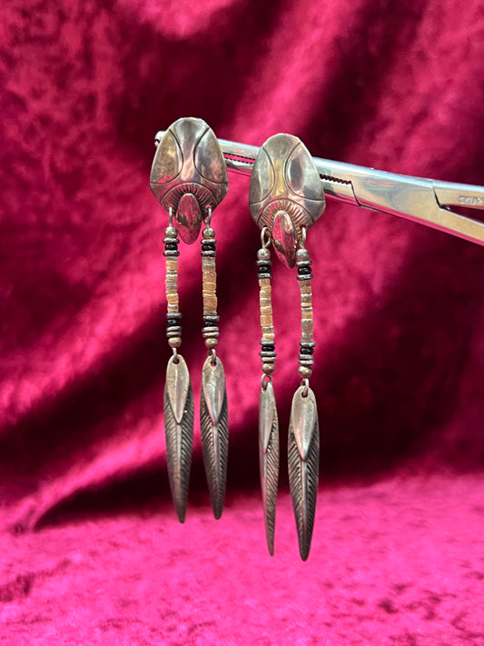Vintage Jewelry - Sterling Silver Earrings - Dangling Feathers - Navajo