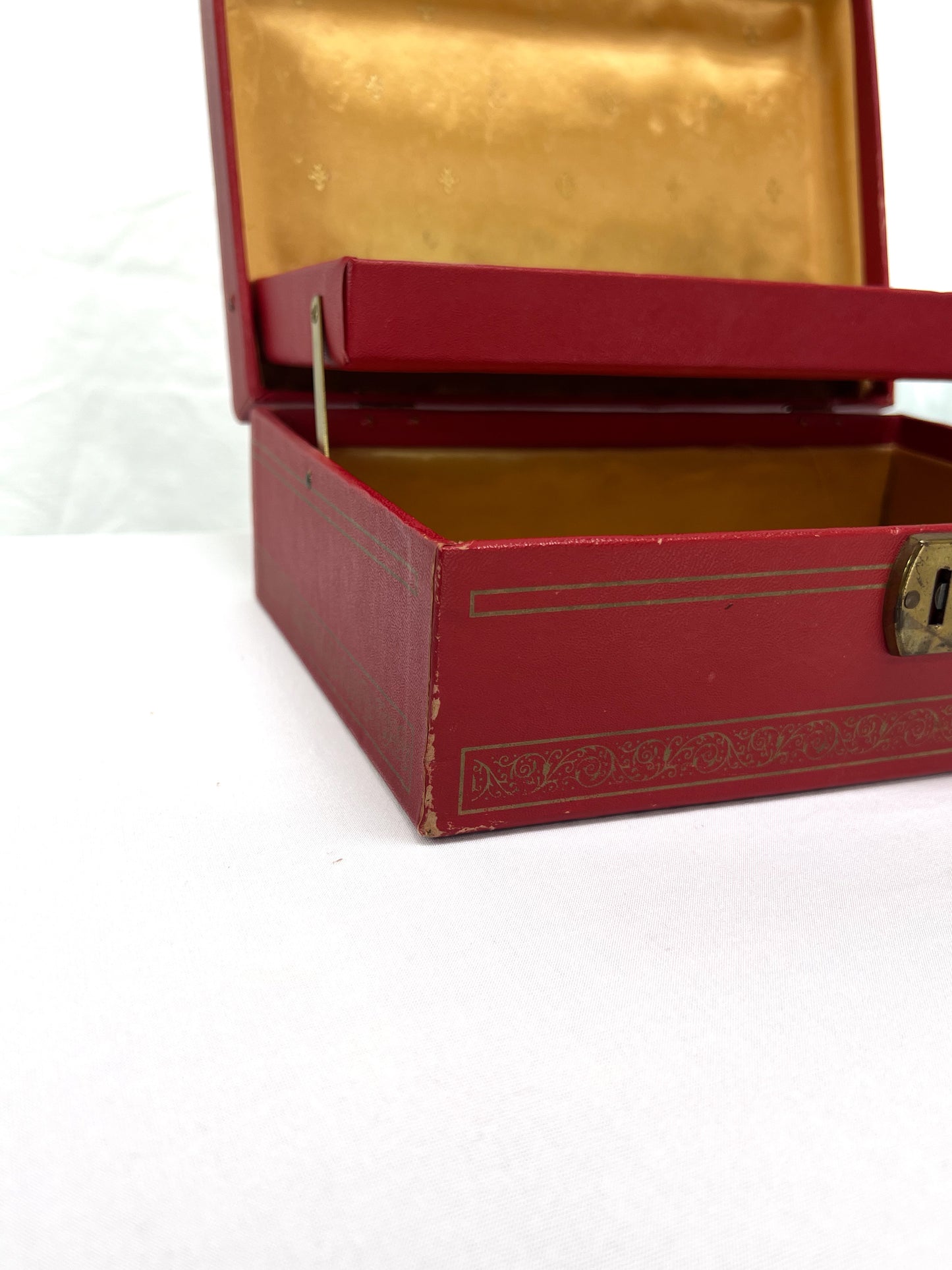 Vintage Jewelry Box - Red with Gold Filigree - Gold Fleur-de-Lis Lining