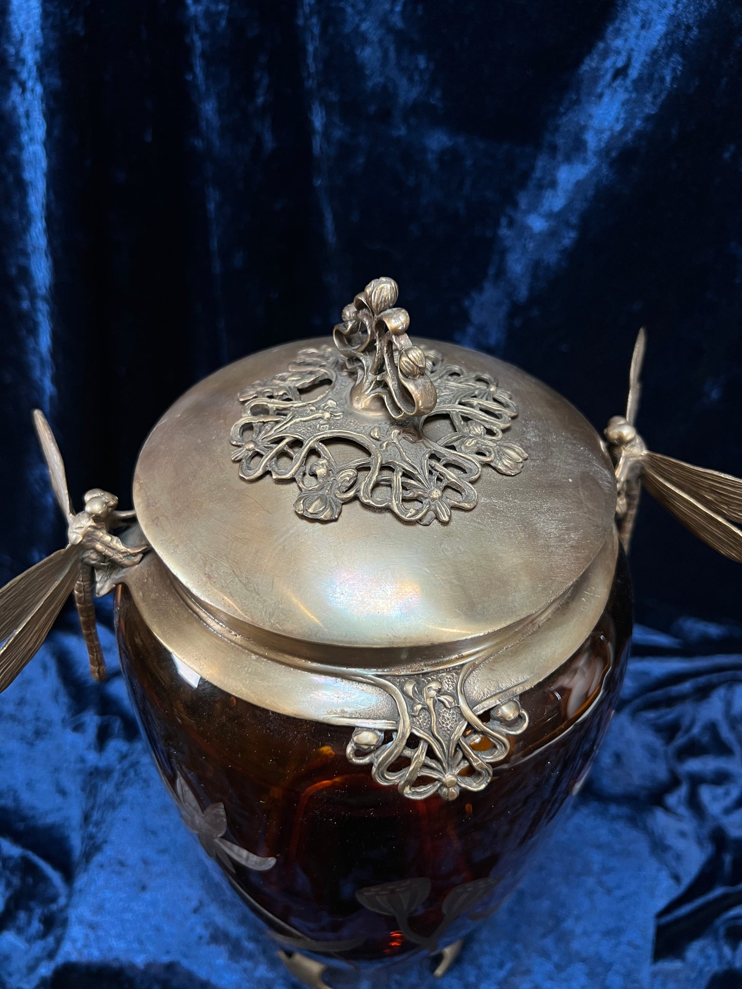 Vintage Art Nouveau Revival Opium Jar - Etched Poppies on Amber Glass - Castilian Poland