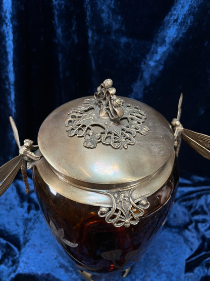 Vintage Art Nouveau Revival Opium Jar - Etched Poppies on Amber Glass - Castilian Poland