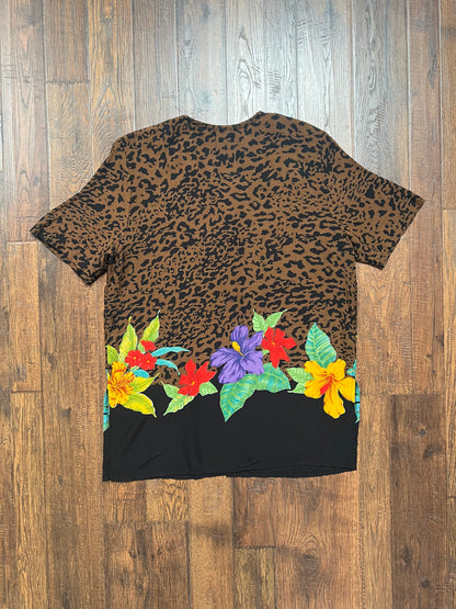 Vintage Clothing - Button Up Casual Shirt - Leopard Print with Tropical Florals - Sharon Anthony - Made In U.S.A. - Medium