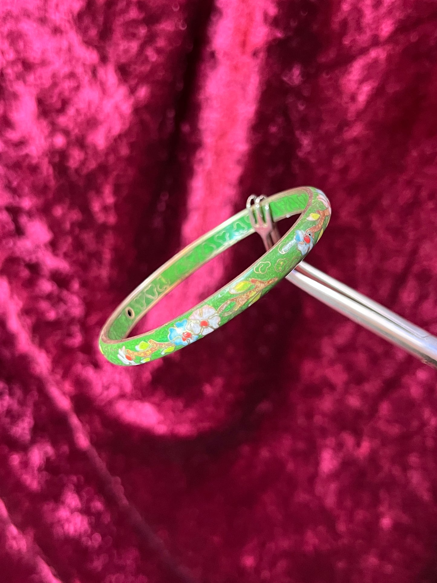 Vintage Jewelry - Cloisonne Bangle Bracelet - Pink and Blue Flowers on Green