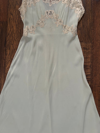 Vintage 1940s Bias Cut Slip Dress - Seafoam Green Lace Nightgown - Medium