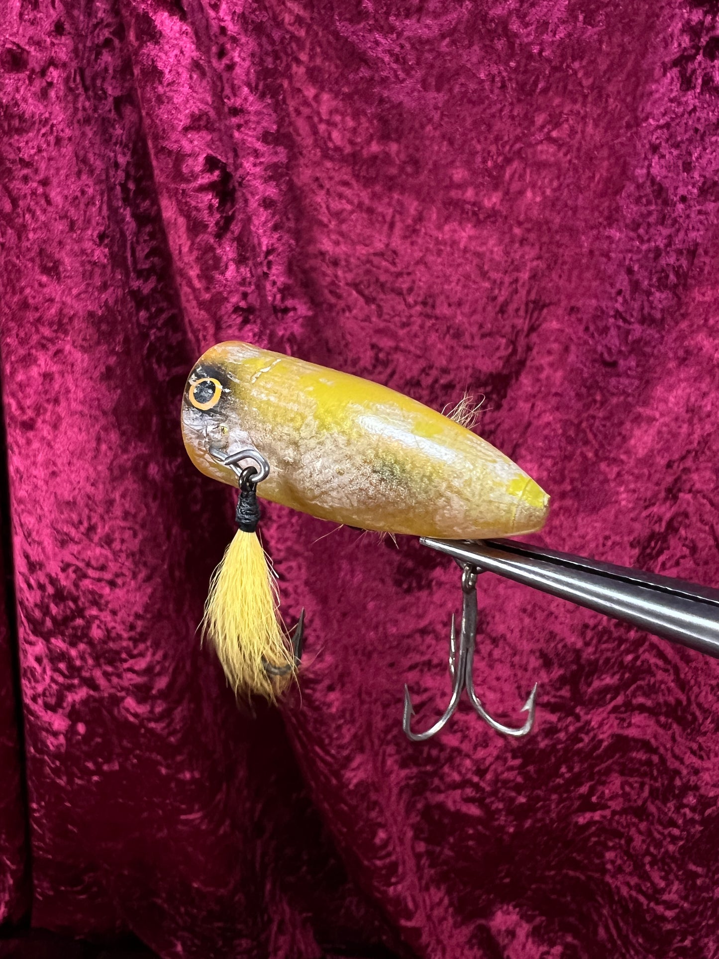 Vintage Plastic Fishing Lure -  Yellow Plug Crankbait with Hook Skirts