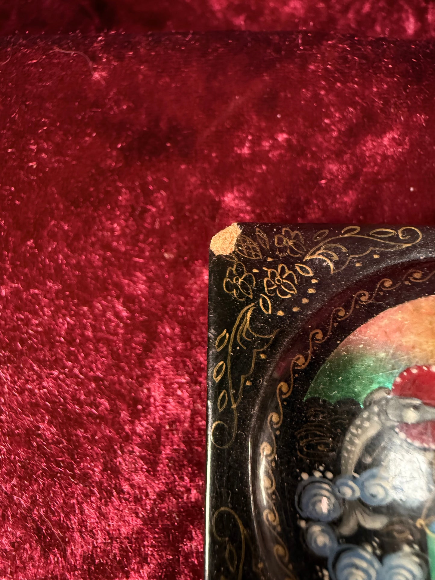 Vintage Lacquer Trinket Box with Hinged Lid – Man and Fish Fairytale Scene - Russian Kholui