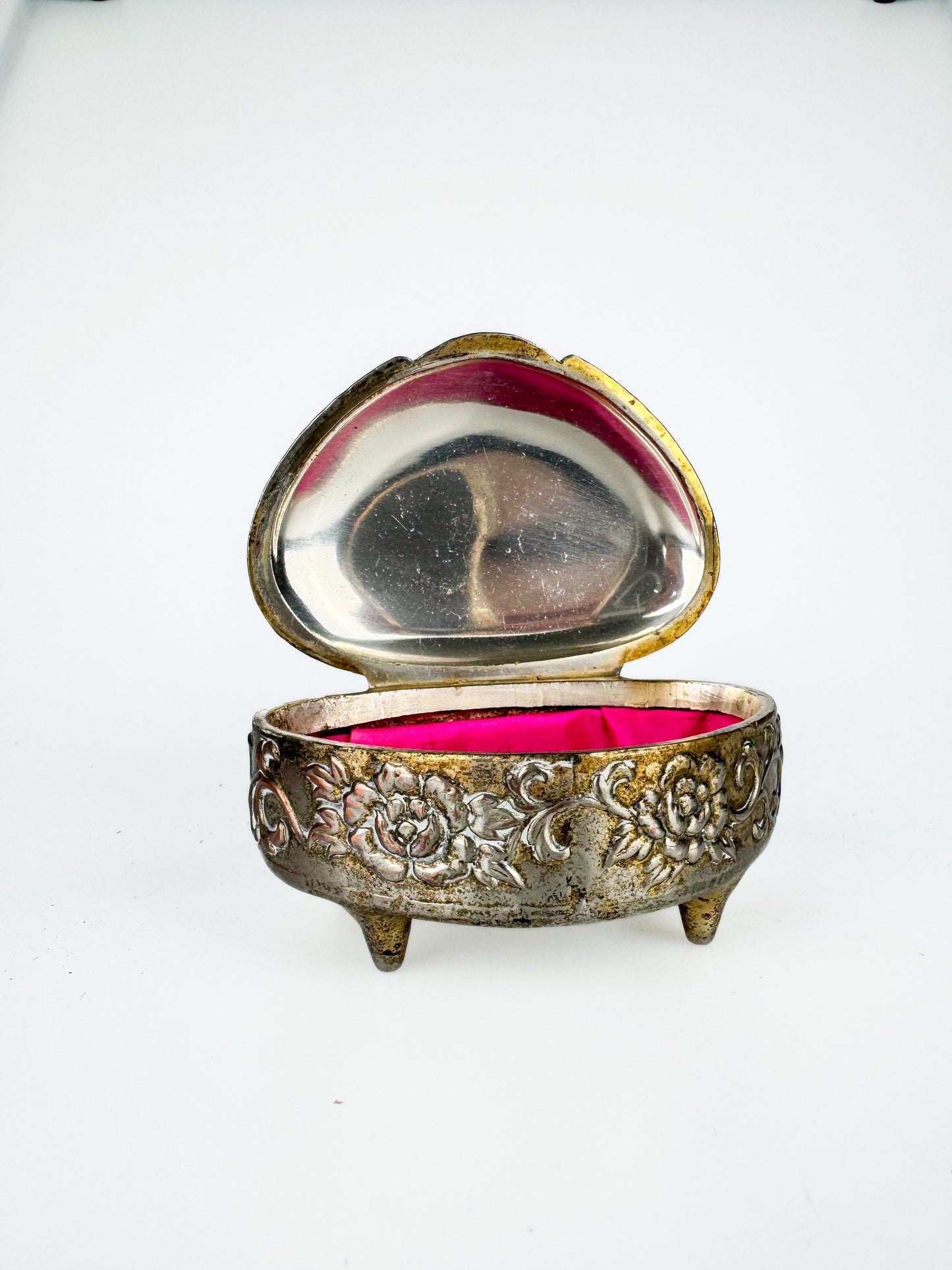 Vintage Silver Plate Peacock & Camelia Flowers Footed Trinket Box - Hot Pink Lining - Made In Occupied Japan