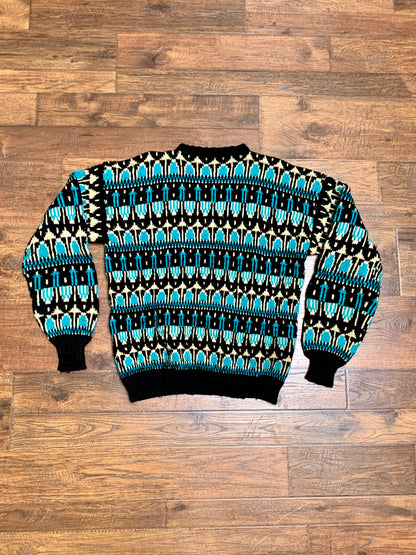 Vintage Crewneck Knit Sweater - Turquoise, Black, Cream -Medium