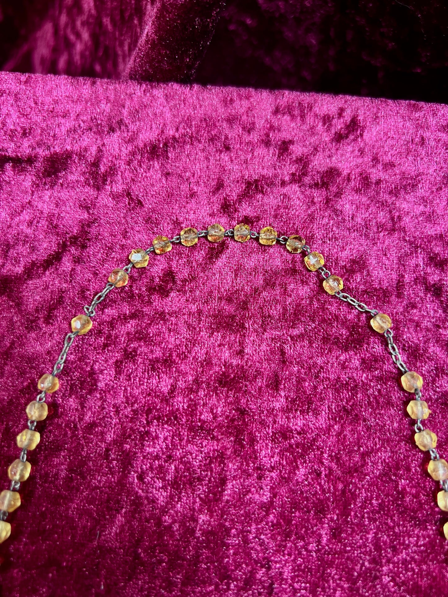 Vintage Jewelry - Rosary Beads - Faceted Amber Beads - Silver Tone Cross - 13.75"