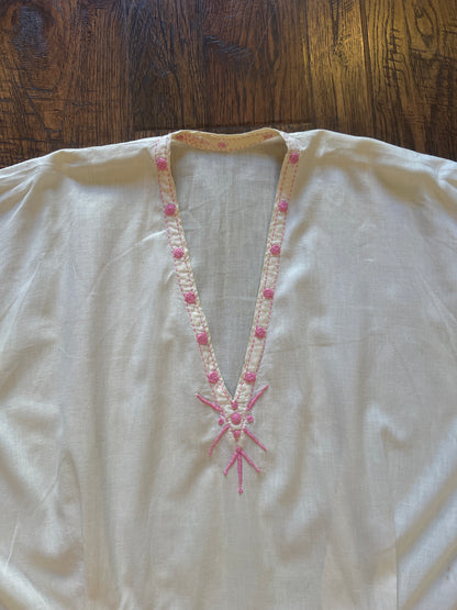 Vintage Handmade Cotton Linen Caftan - Pink Embroidered Boho Tunic Dress - Medium