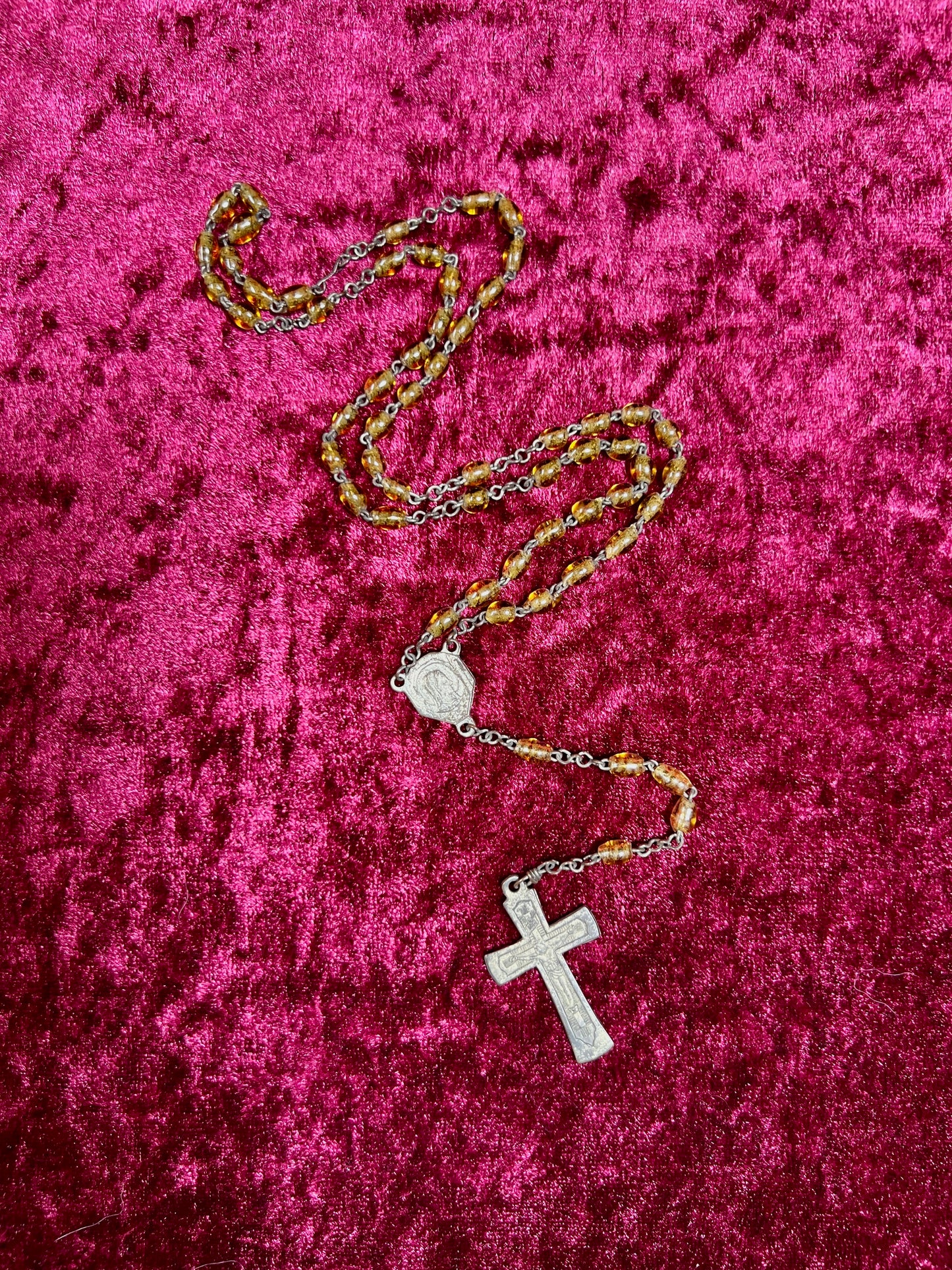 Vintage Jewelry - Rosary Beads - Clear Amber Beads - Brass Tone Cross - 14"