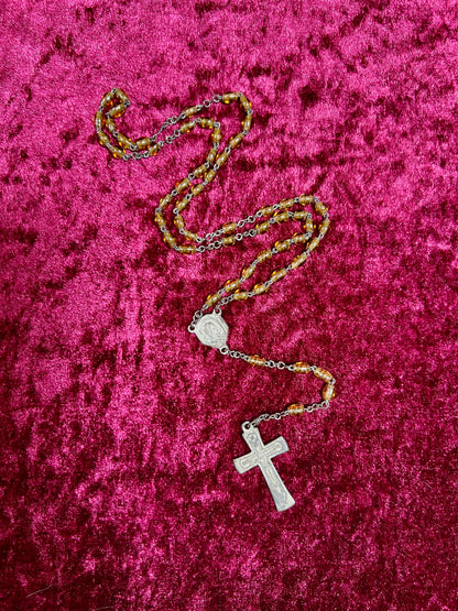 Vintage Jewelry - Rosary Beads - Clear Amber Beads - Brass Tone Cross - 14"