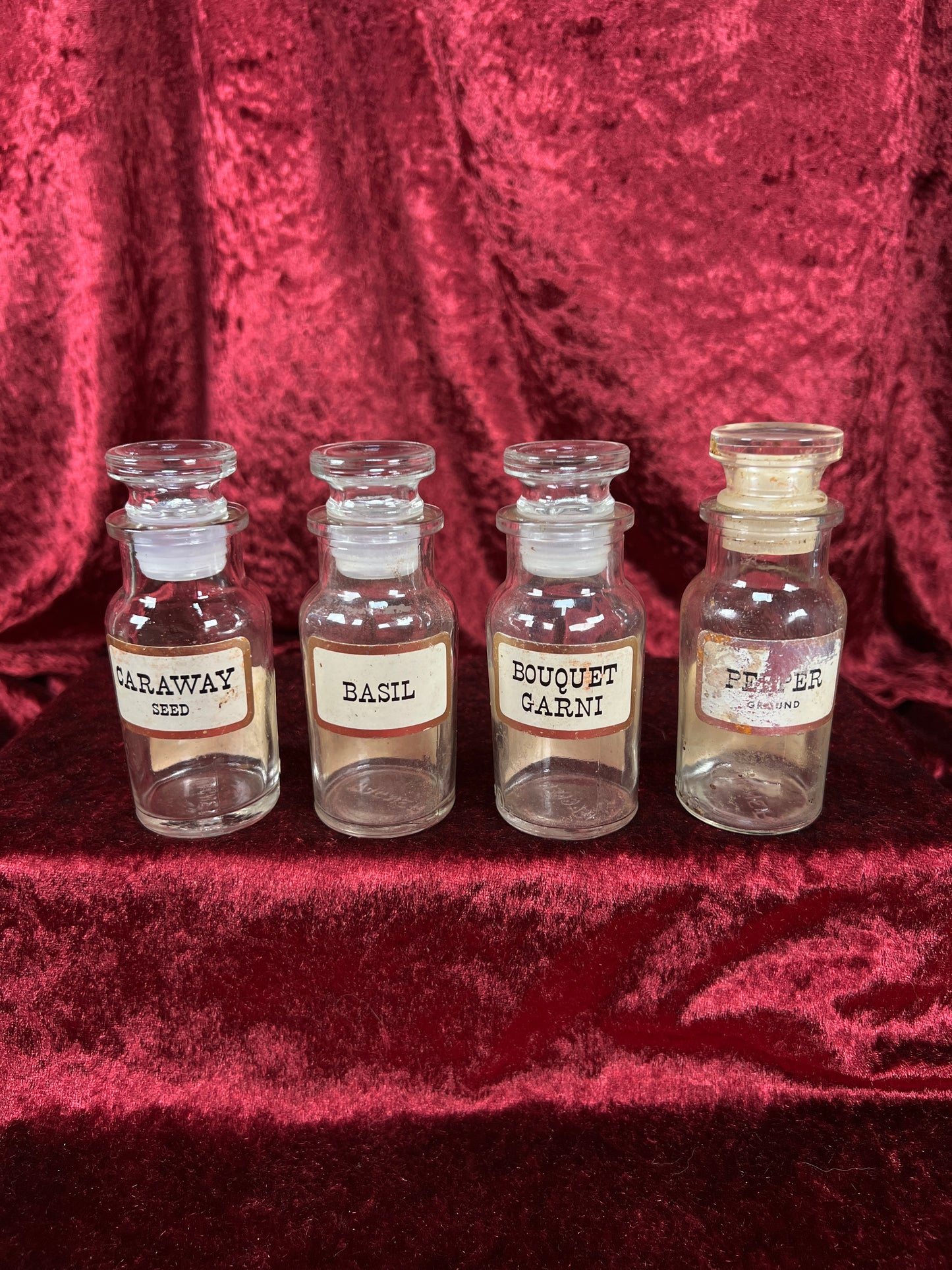 Vintage Glass Apothecary Style Spice Jar Set with Original Labels - Kitchen Collection Set