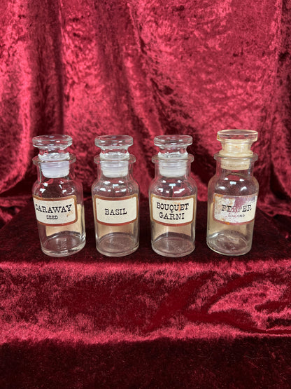 Vintage Glass Apothecary Style Spice Jar Set with Original Labels - Kitchen Collection Set