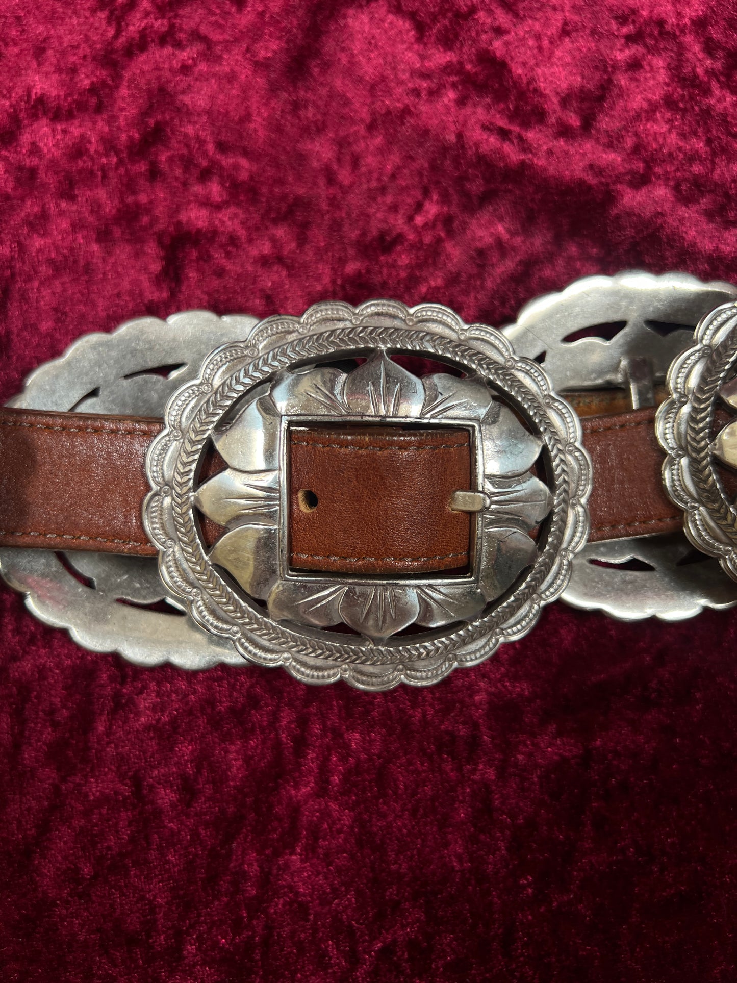 Vintage Brighton Leather Concho Belt - Silver Sunflower Western Belt USA Made - 29.5-33.5"