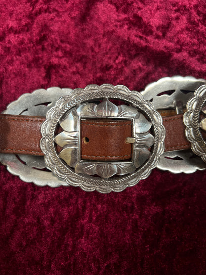 Vintage Brighton Leather Concho Belt - Silver Sunflower Western Belt USA Made - 29.5-33.5"
