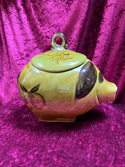 Vintage Kitchen - Ceramic Cookie Jar - Green Grinning Piggy - Los Angeles Pottery