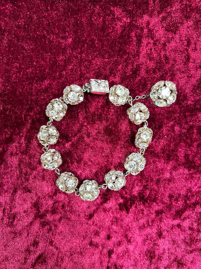 Vintage Jewelry - Silver Tone Ball Link Bracelet - Clear Round Cut Rhinestones - 7.5"