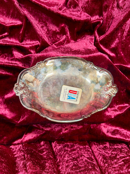 Vintage Kitchen - Curved Serving Dish with Spoon - Silver Metal  - Ornate Floral Edge