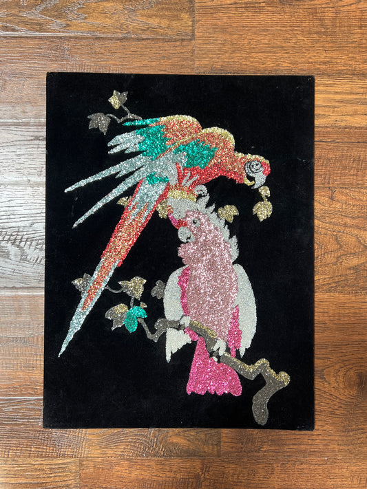 Vintage Wall Art - Glitter on Black Felt - Macaw and Galah Cockatoo