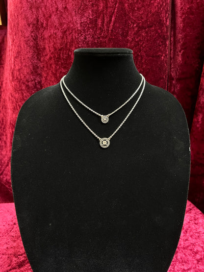 Vintage Silver Tone Double Chain Necklace – Round Rhinestone Pendants