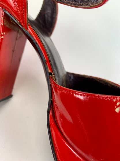 Vintage Shoes - Patent Leather Peep Toe Platform Heels - Cherry Red - 7 1/2