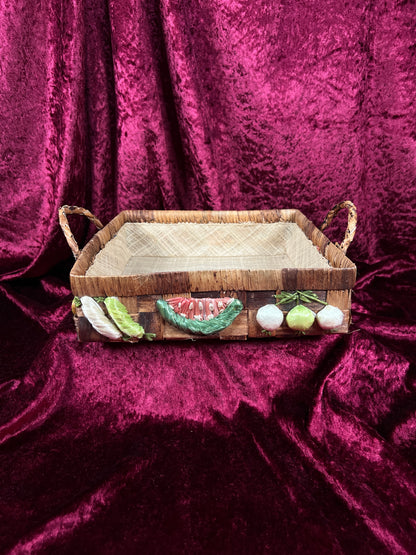 Vintage Raffia Serving Basket - Handwoven Fruit Basket Centerpiece