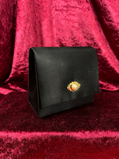 Vintage La Regale Satin Evening Bag - Faux Pearl Clasp Black Crossbody Purse