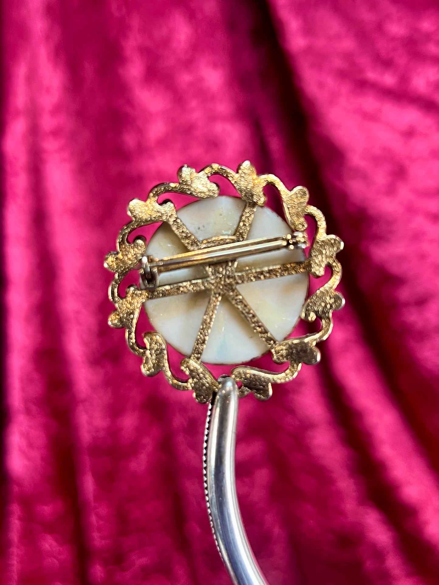 Vintage Jewelry - Brooch - Hand Painted Rose on Gold Tone Frame - F. Chaney