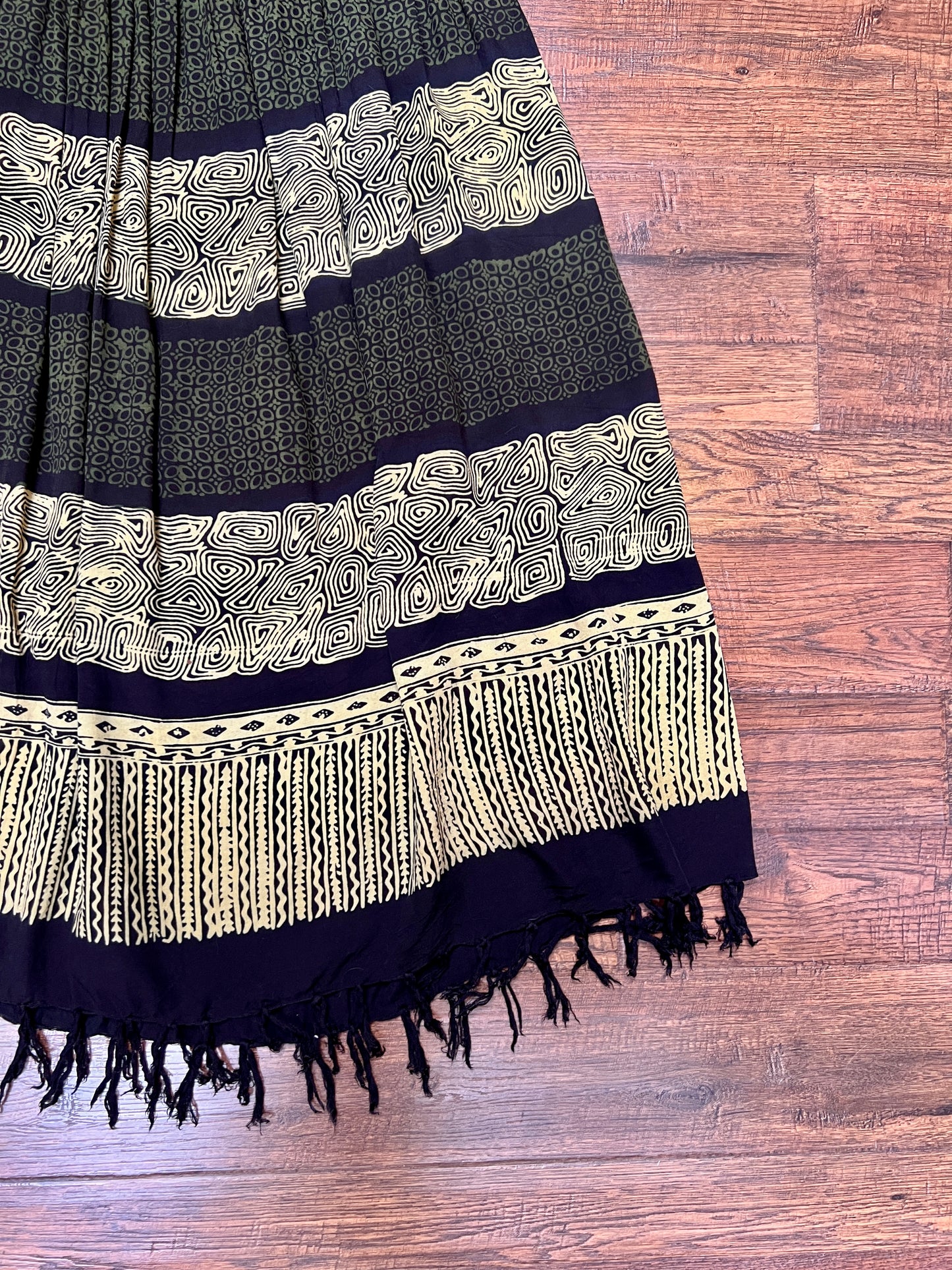Vintage Gauzy Cotton Blend Full Length Skirt – Tiki Style Pattern with Fringe Hem - Ruby's Moods