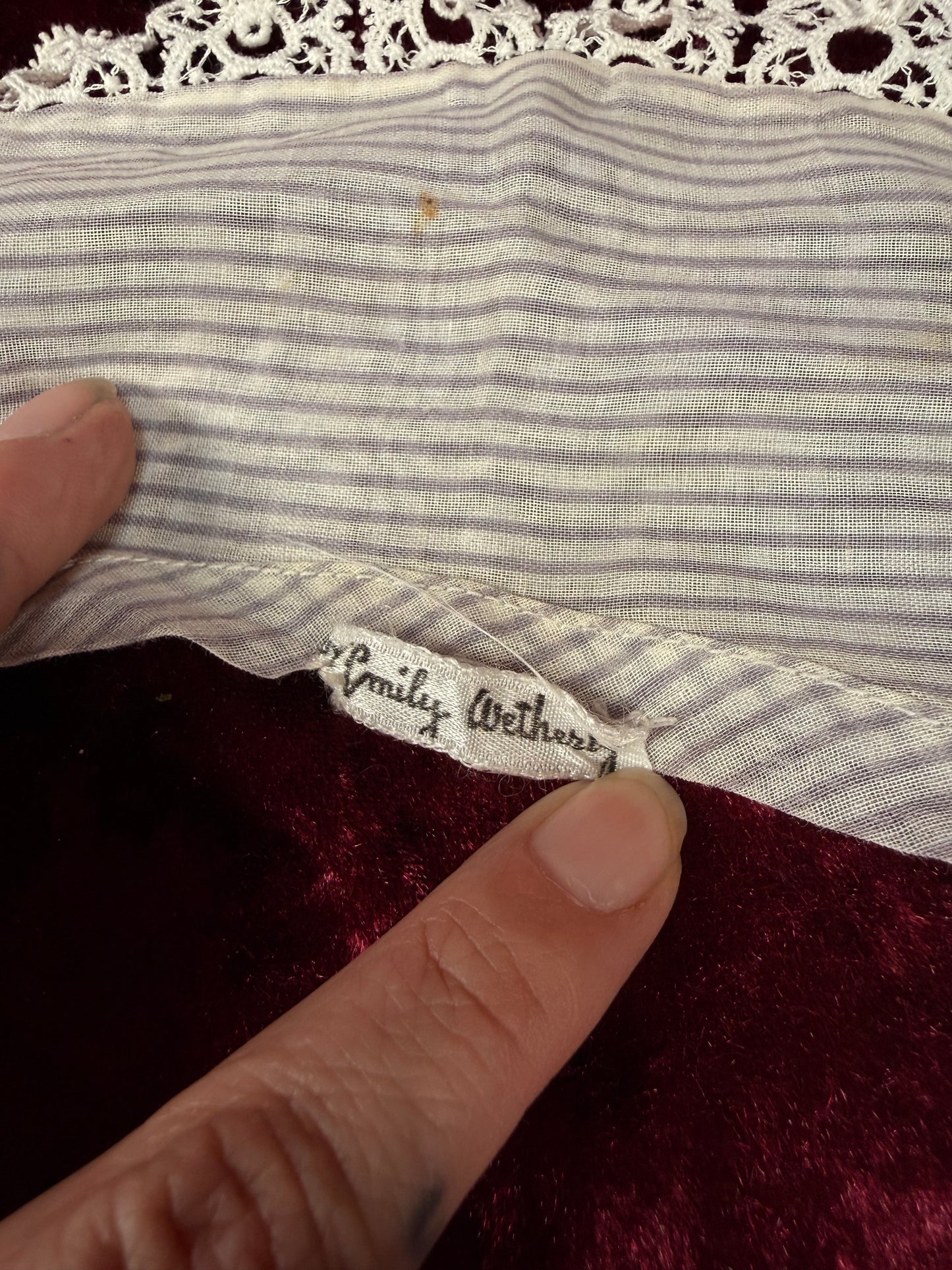 Vintage Emily Wethers Collar Scarf – Striped Lace Trim Tie Front