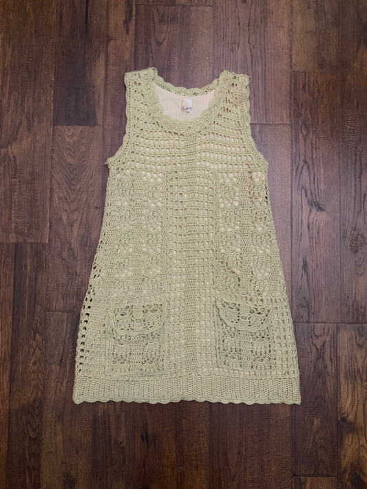 Vintage Audrey 3+1 Mod Mini Shift Dress - Sparkly Gold Crochet - Small