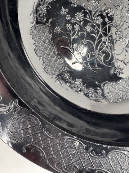 Vintage Footed Black Pressed Glass Bowl - Floral Trellis Decorative Pattern